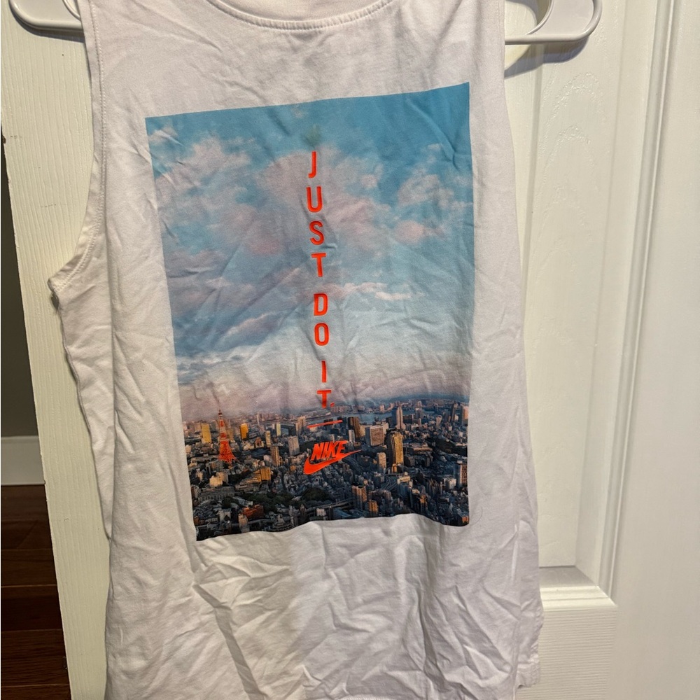 Nike White Tee with Blue and Red Accents